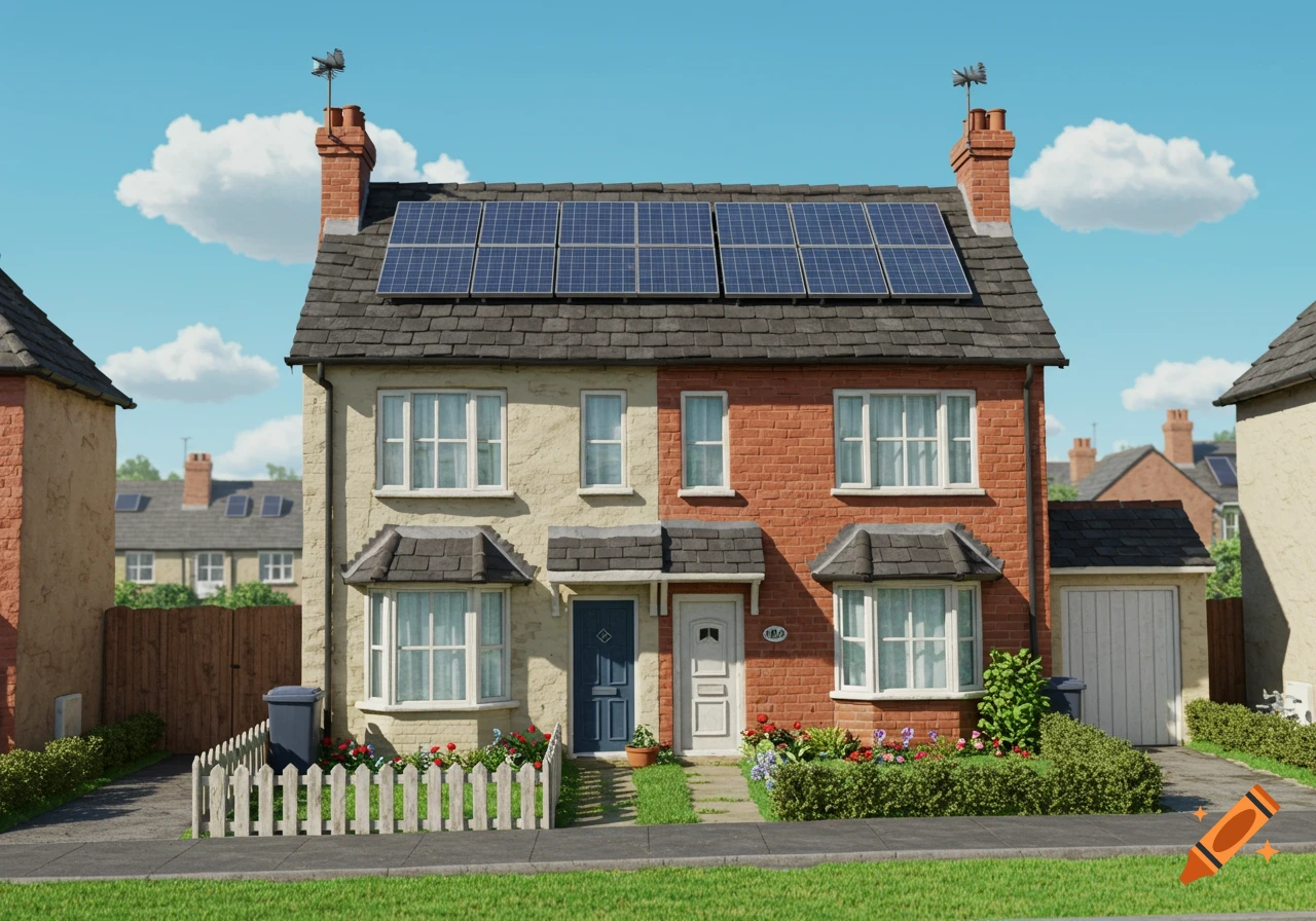 Stop motion style illustration of a semi-detached UK house with solar panels on the roof.