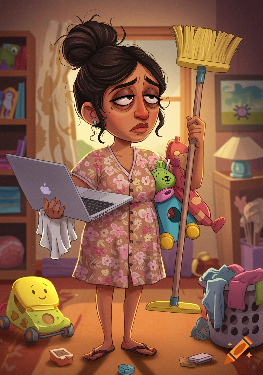 A tired cartoon mom holds a laptop, toys, and a broom in a messy room.
