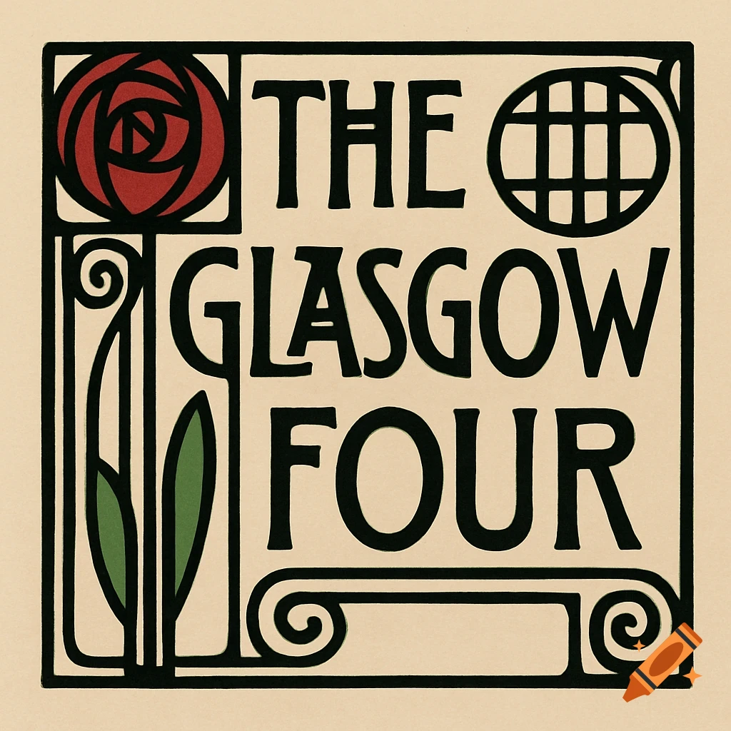 Logo in Glasgow style with text 'The Glasgow Four', rose and abstract design.