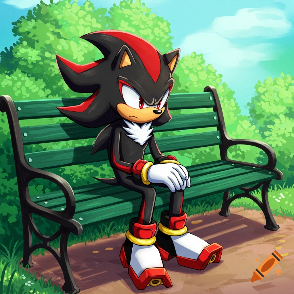 Shadow the Hedgehog sits on a park bench