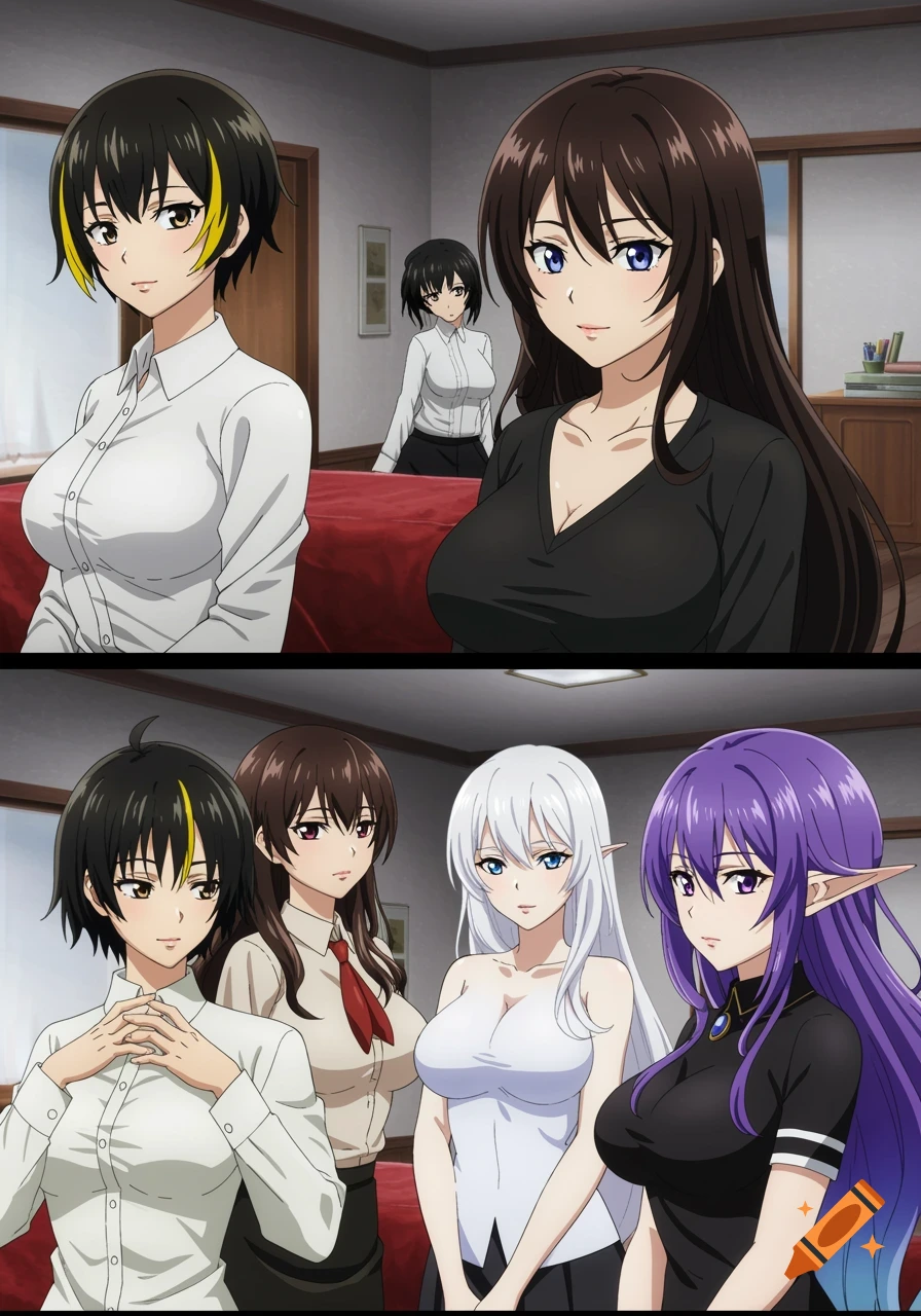 Anime style depiction of multiple girls in office attire in indoor scenes