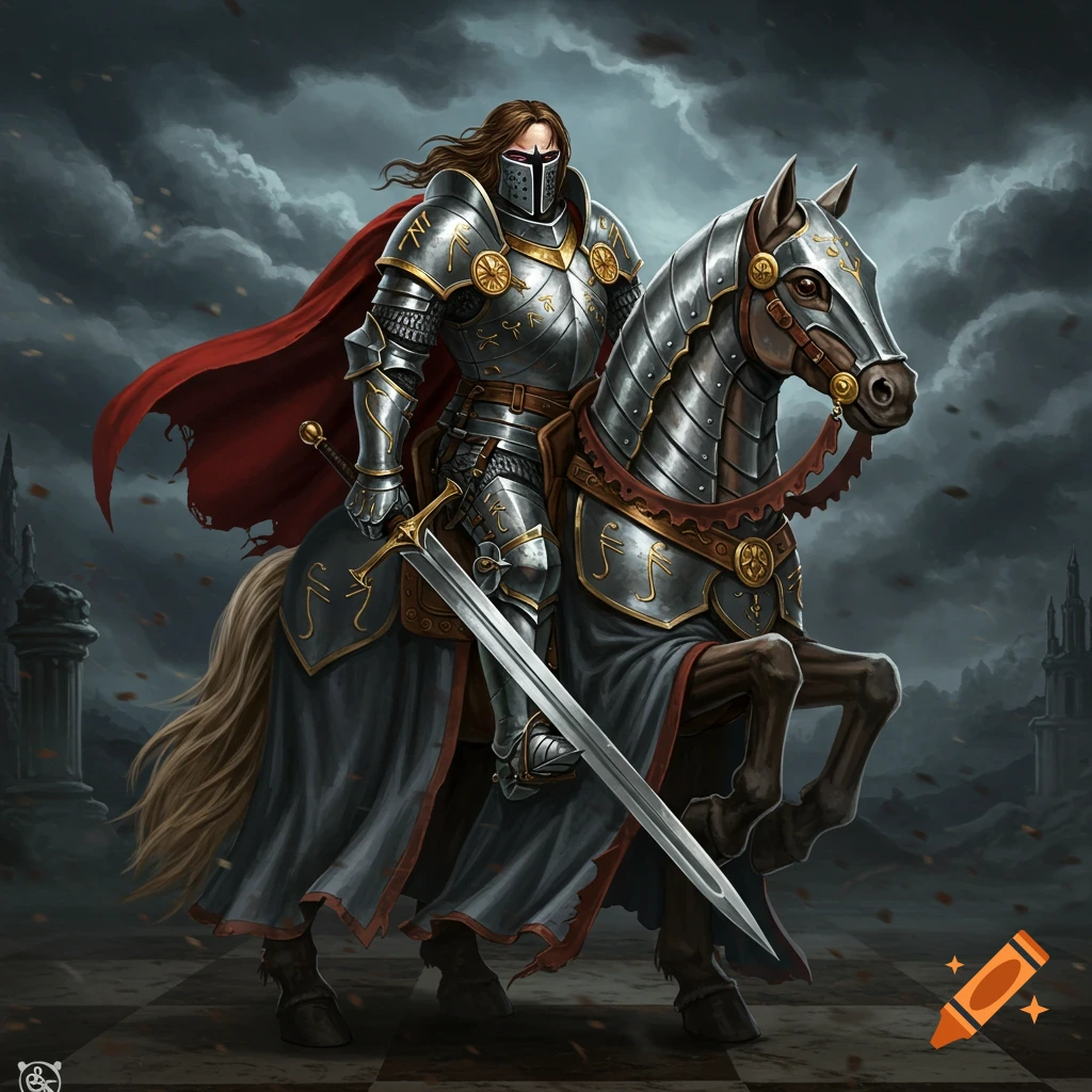 A knight in shining armor rides a horse on a checkered ground with a castle in the background under stormy skies.