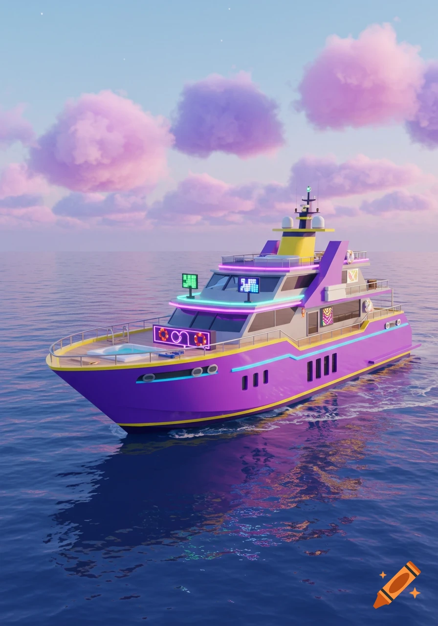 A bright purple and yellow yacht with neon lights on the ocean under pink clouds in a stylized gaming art style.