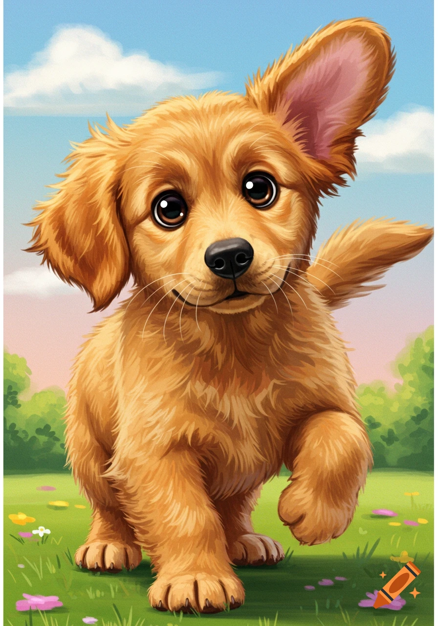An illustration of a cute golden puppy running in a field.