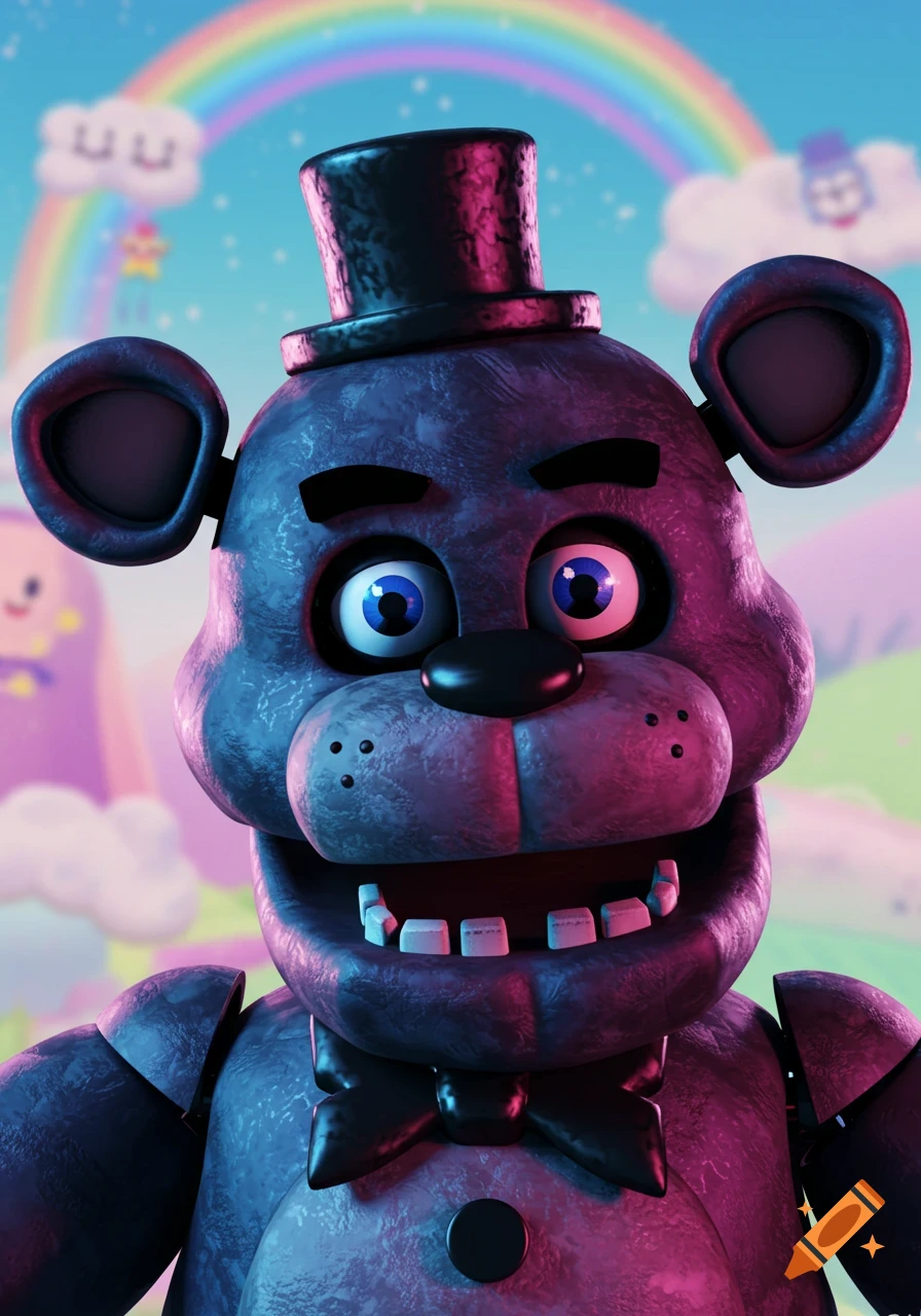 Purple animatronic bear with a top hat and bow tie in front of a rainbow background.