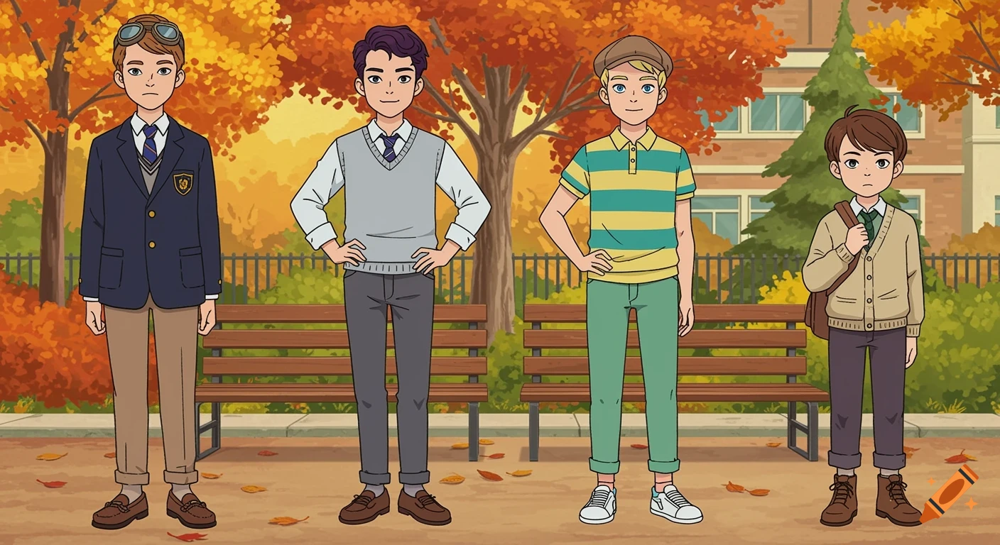 Cartoon image of four boys in preppy clothes standing in an autumn park.