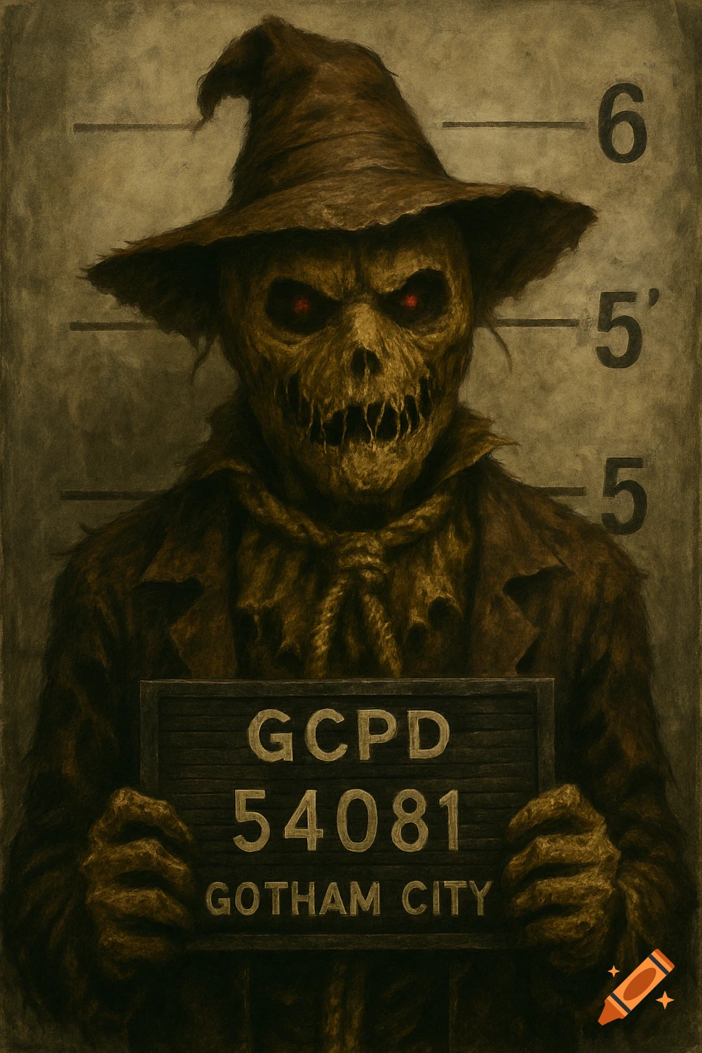 Gritty fantasy horror illustration of the Scarecrow in a GCPD mugshot.