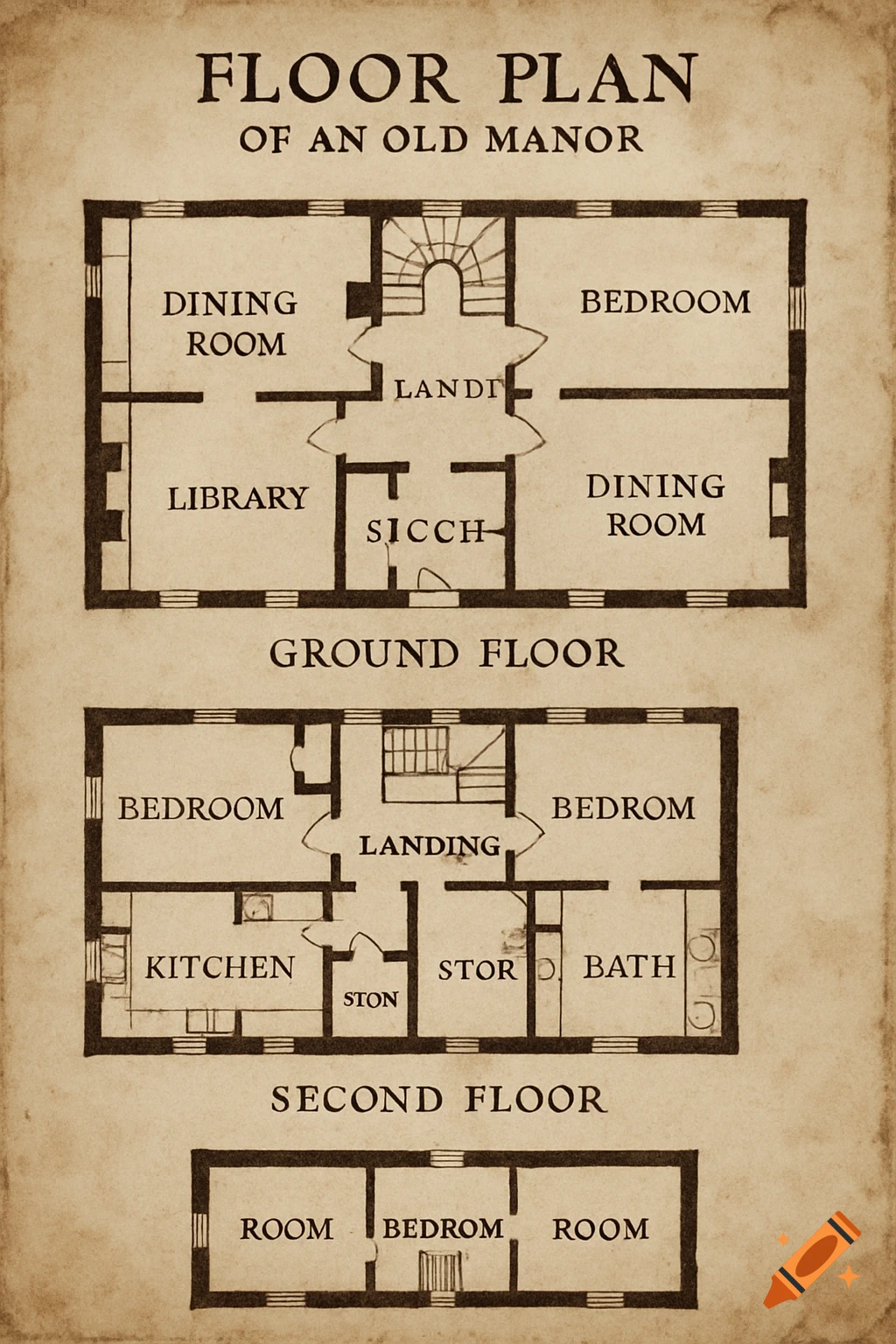 A three-level floor plan of an old manor, drawn in brown ink on aged paper.