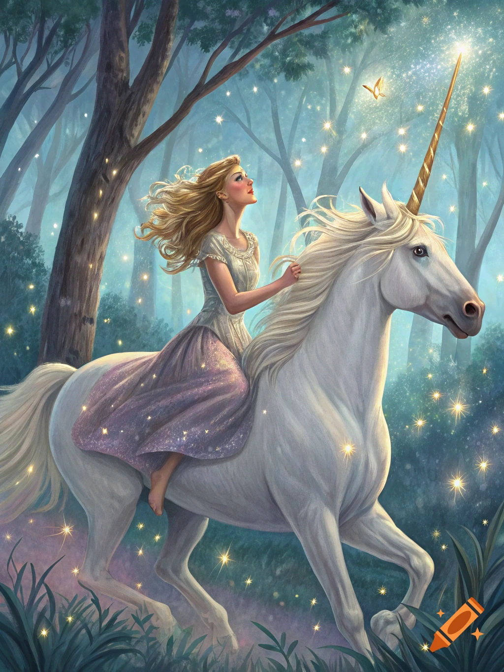 A woman with blonde hair rides a white unicorn through a magical forest at dusk.