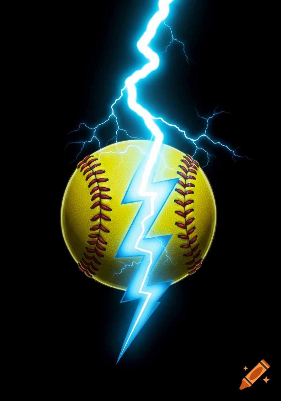 A yellow softball is split by a bright blue lightning bolt against a black background.