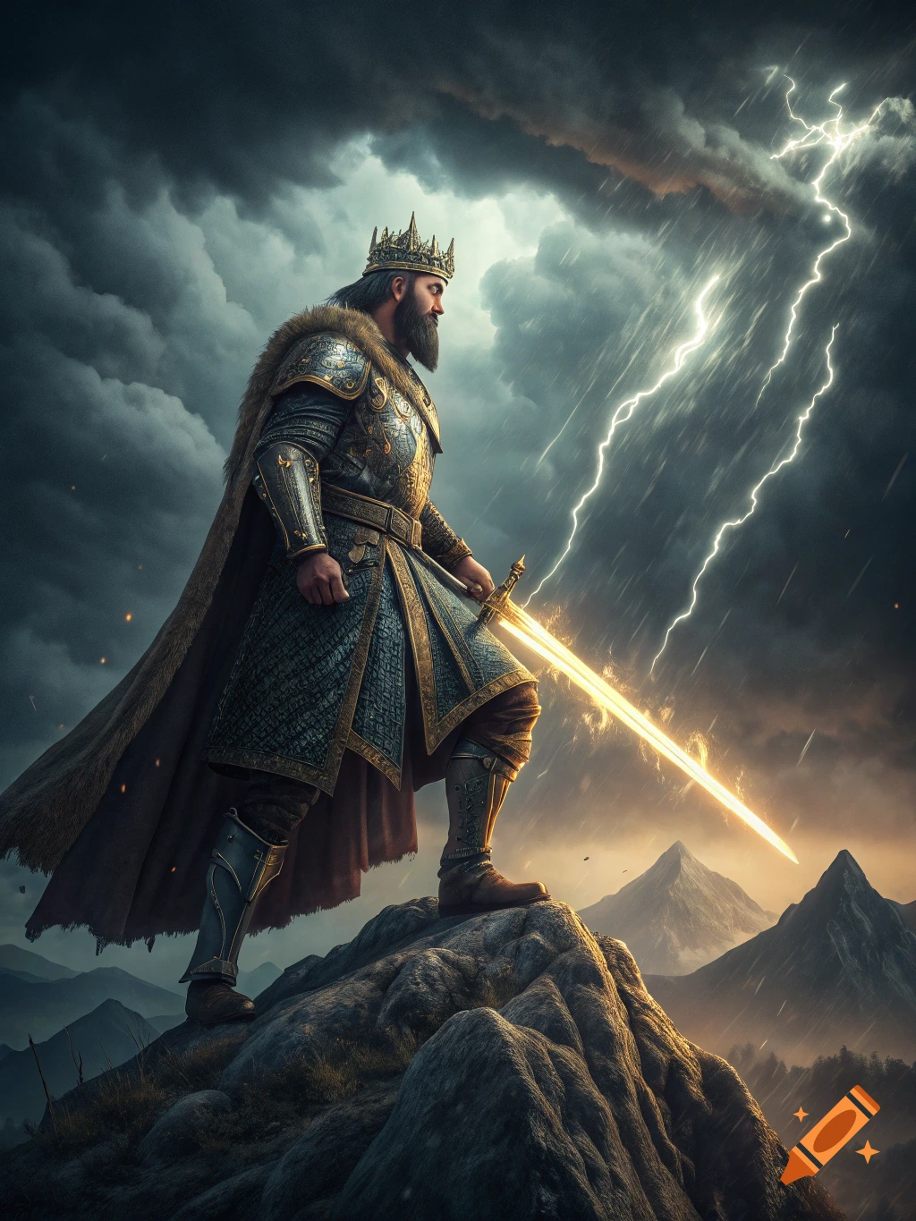 A warrior king in intricate armor stands on a mountain peak holding a glowing sword as lightning strikes during a storm.