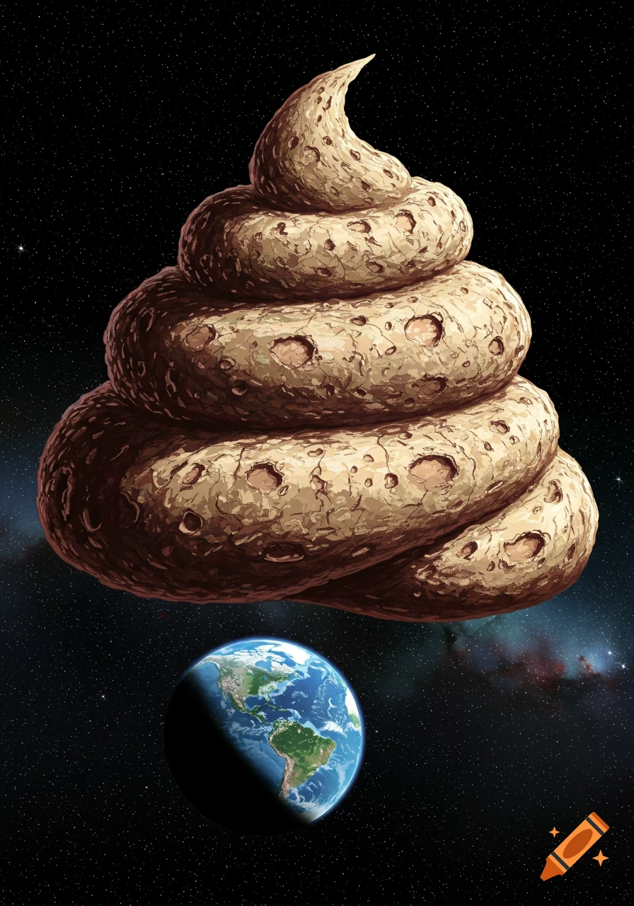 A giant pile of feces floats in space above the Earth.