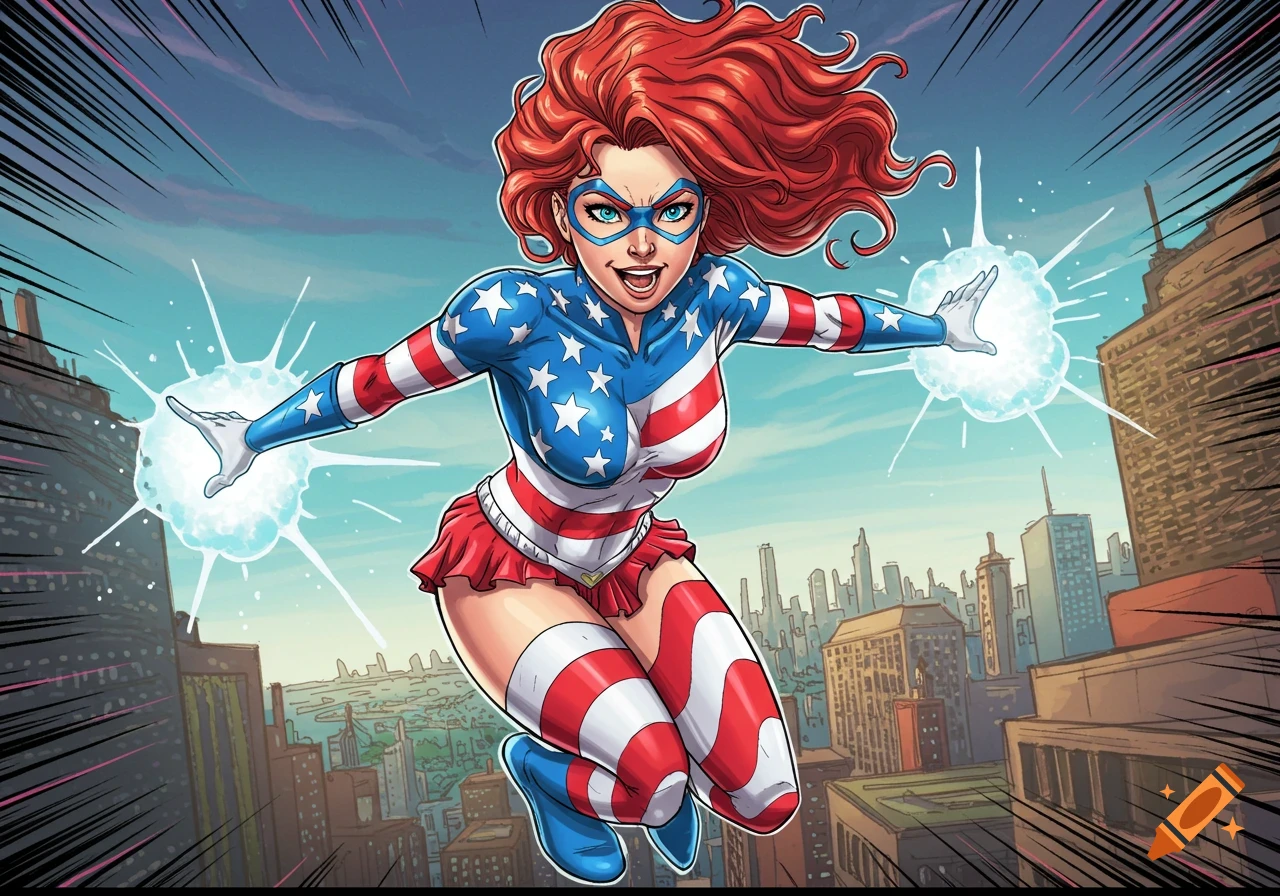 Female superhero with red hair and American flag costume flying over a city, using powers.