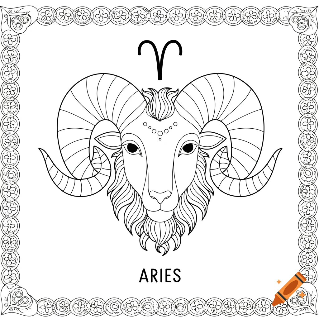 Black and white Aries ram head coloring page with zodiac symbol and text within a decorative border.