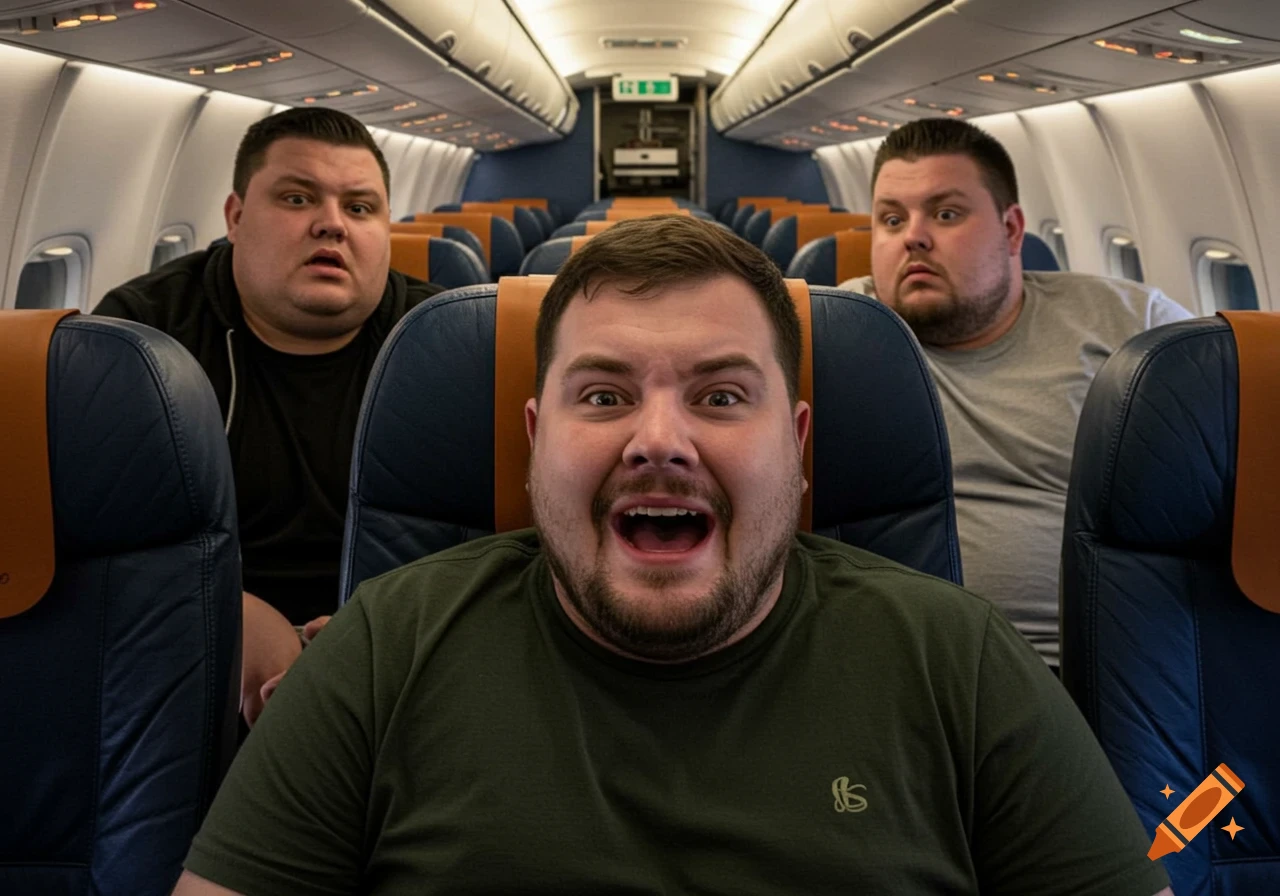Three men on an airplane, one in the foreground with a wide-eyed expression, two behind him looking surprised.