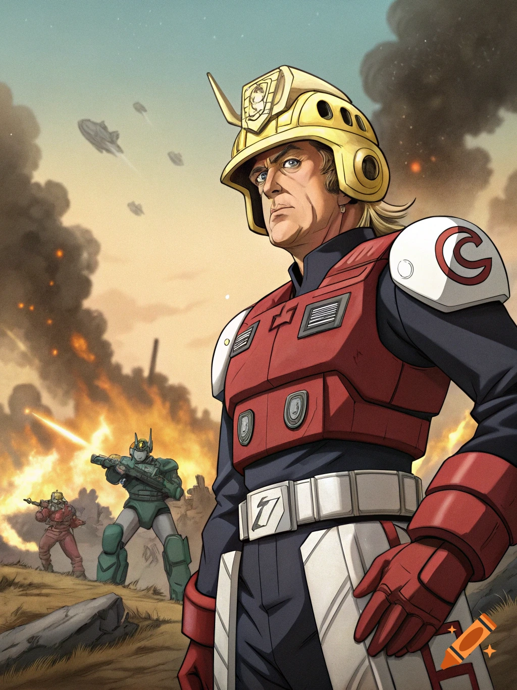 An anime-style image of a person in futuristic armor standing on a battlefield with mechs, spaceships, and explosions in the background.
