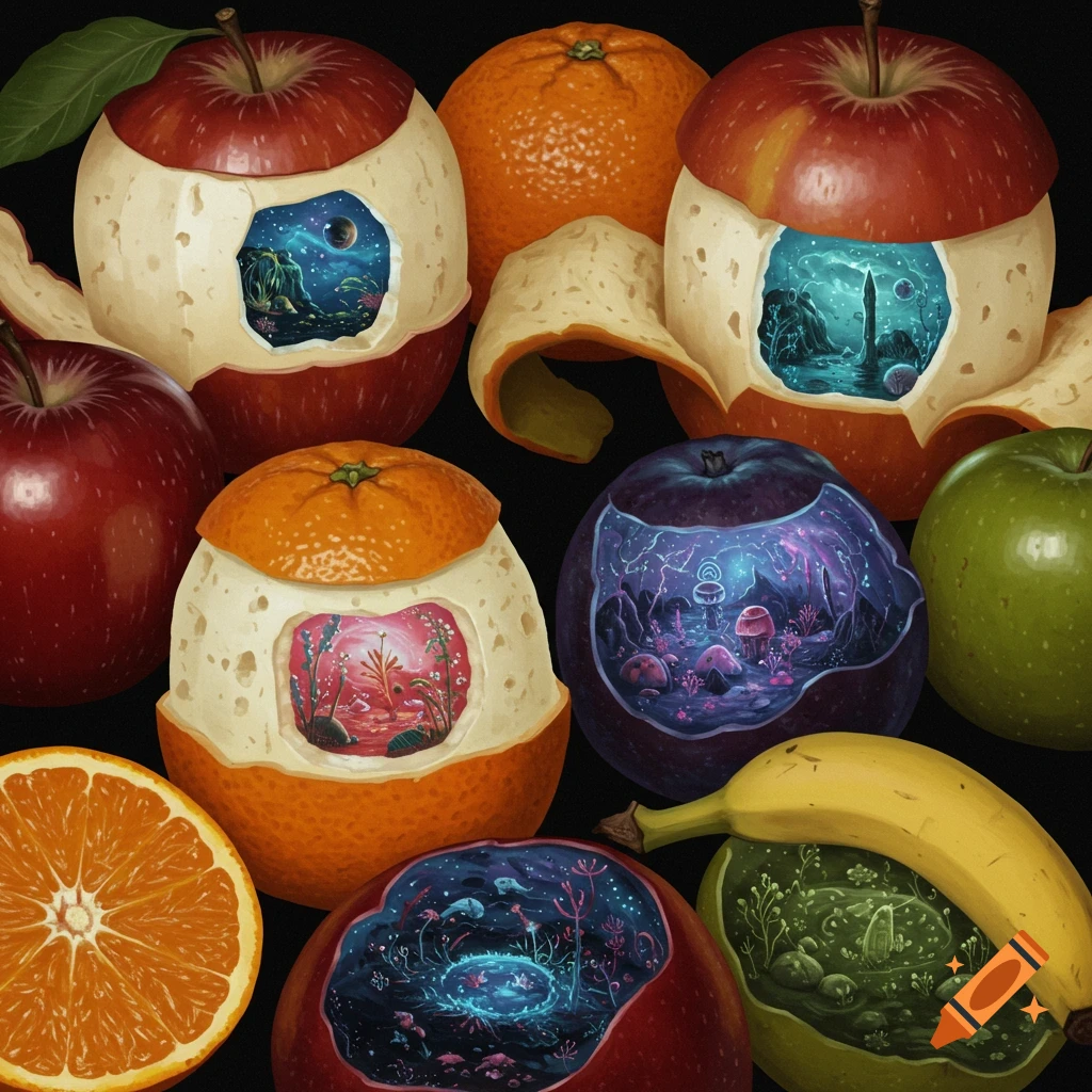 Peeled fruits like apples, oranges, and bananas reveal surreal fantasy landscapes inside
