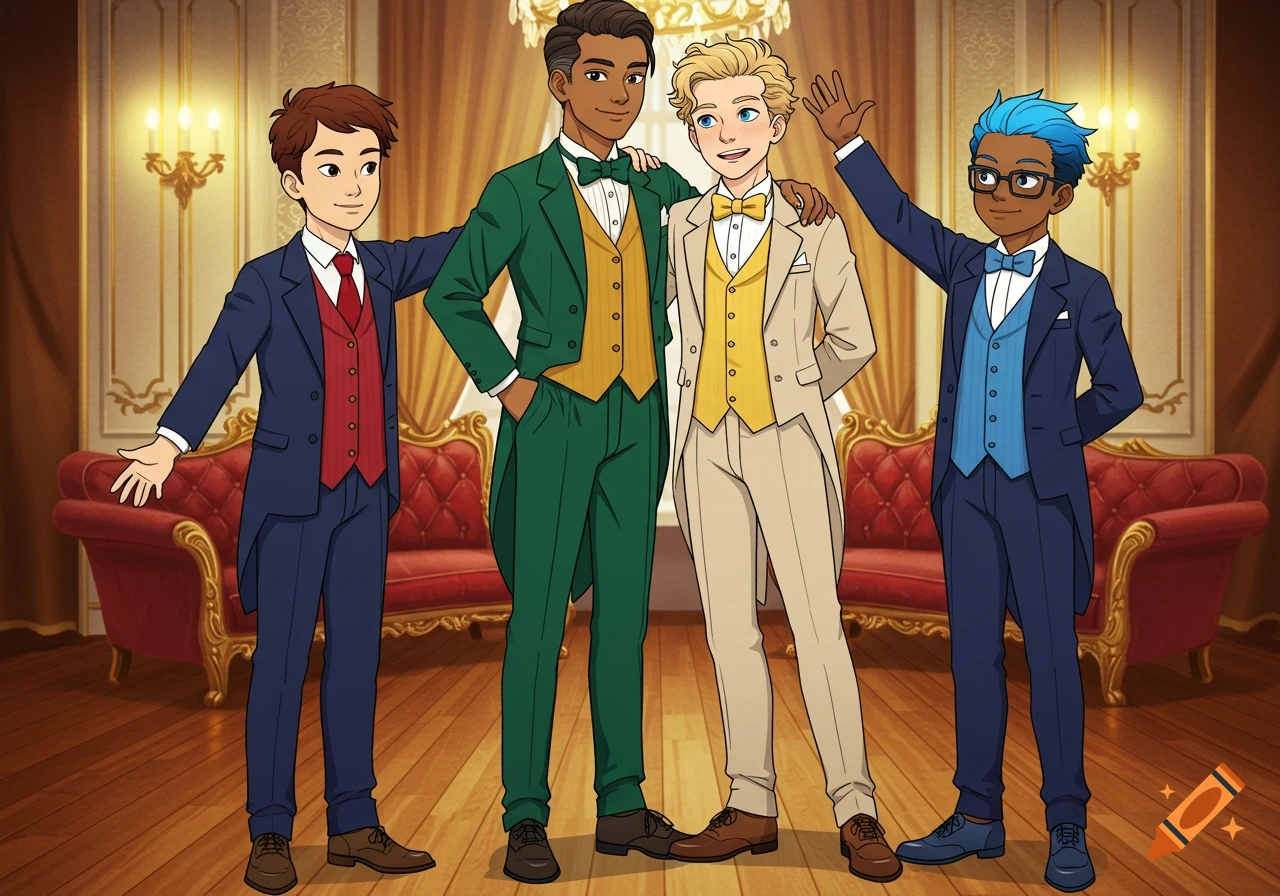 Four teenage boys in colorful tuxedos pose in an elegant ballroom, anime style.