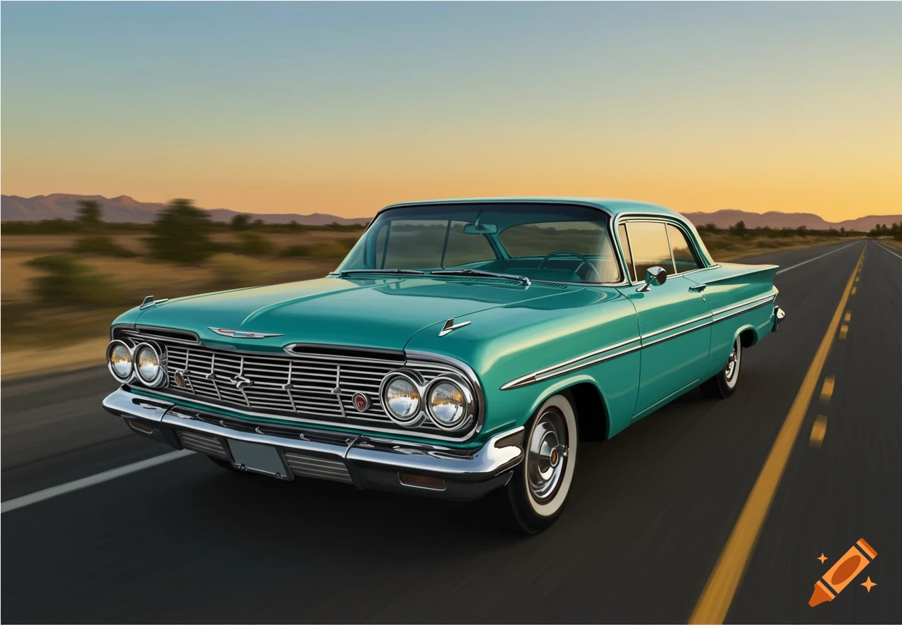 Turquoise vintage car driving on a highway at sunset