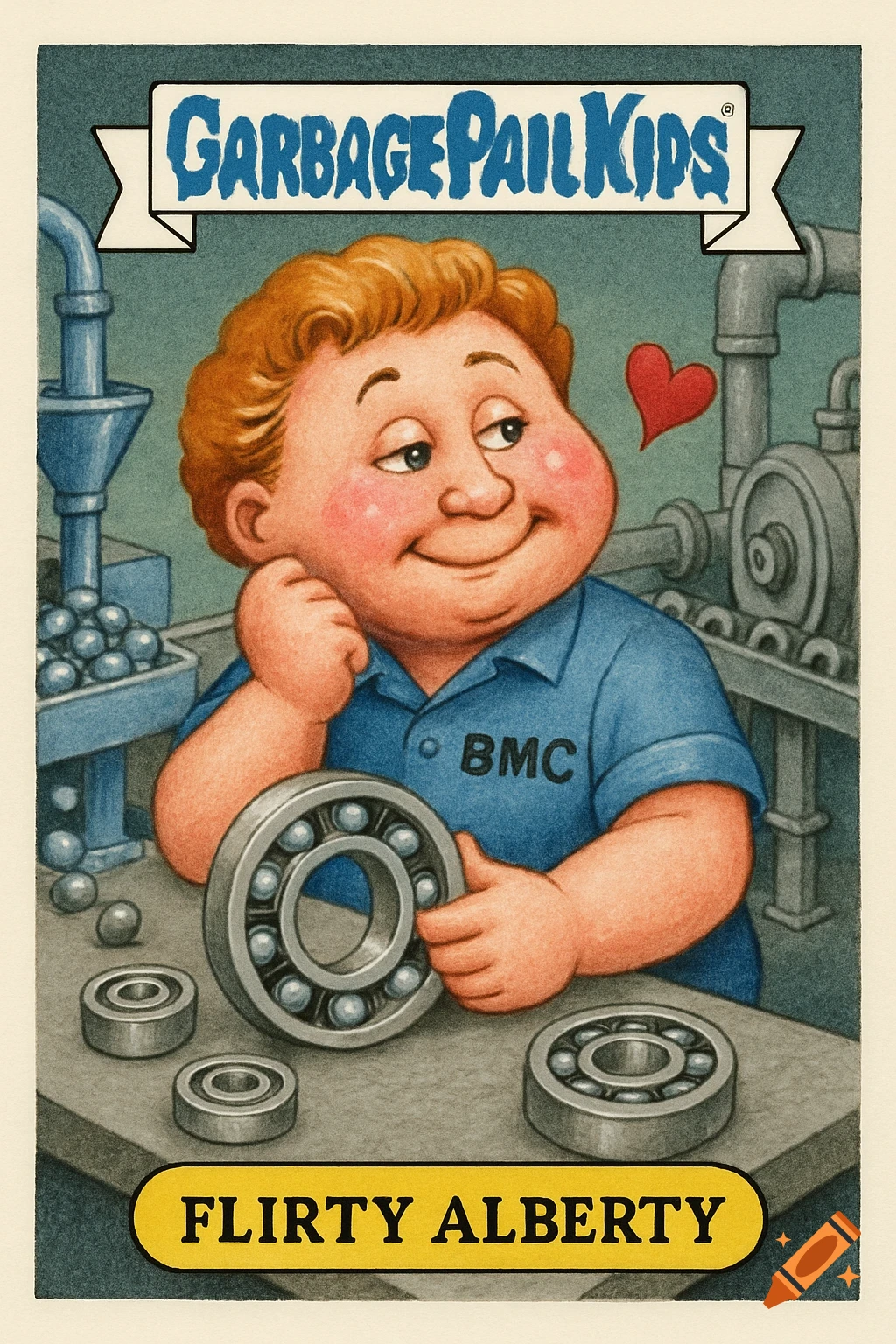 Cartoon trading card illustration of Flirty Alberty holding a bearing in a factory.