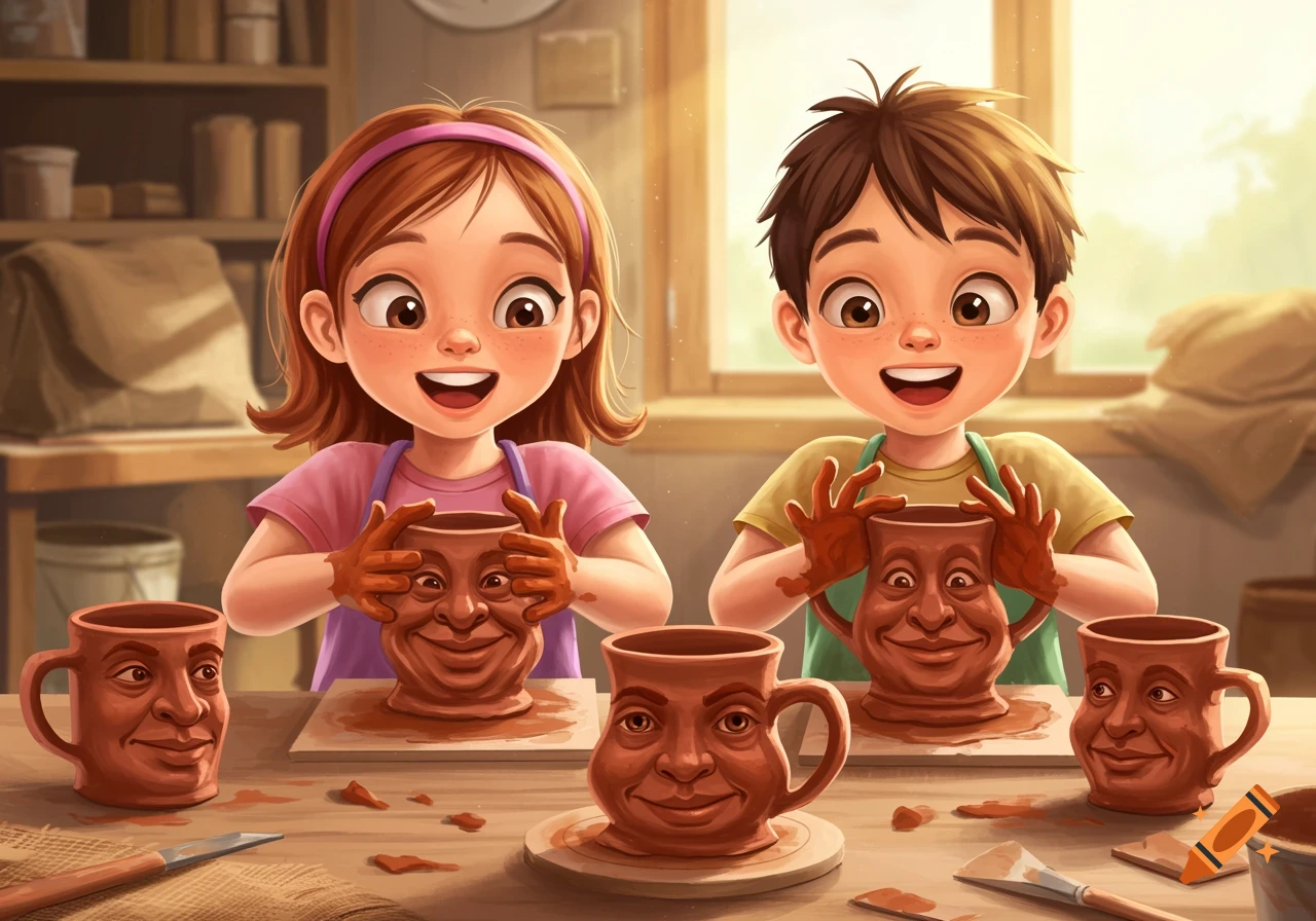 Two happy kids with messy hands sculpt exaggerated faces on clay mugs during a pottery class.