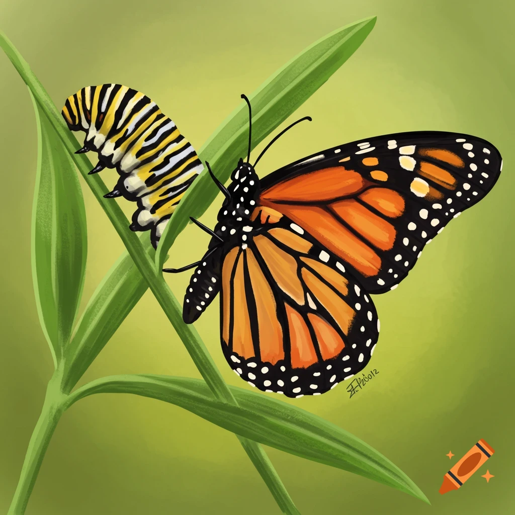 Digital illustration of a monarch butterfly and caterpillar on a green stem.