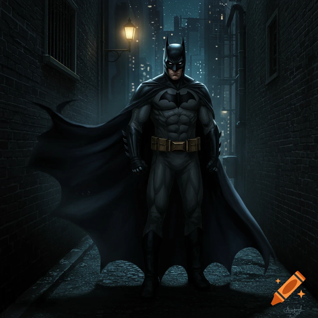 Batman stands in a dark alley lit by a lamp, with a city skyline in the background.