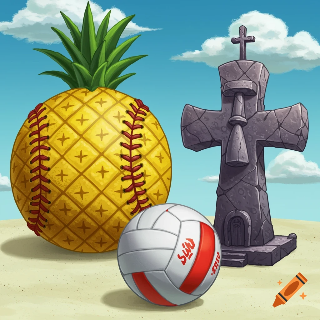 Cartoon image of a pineapple baseball, volleyball, and stone moai-cross statue on a beach.