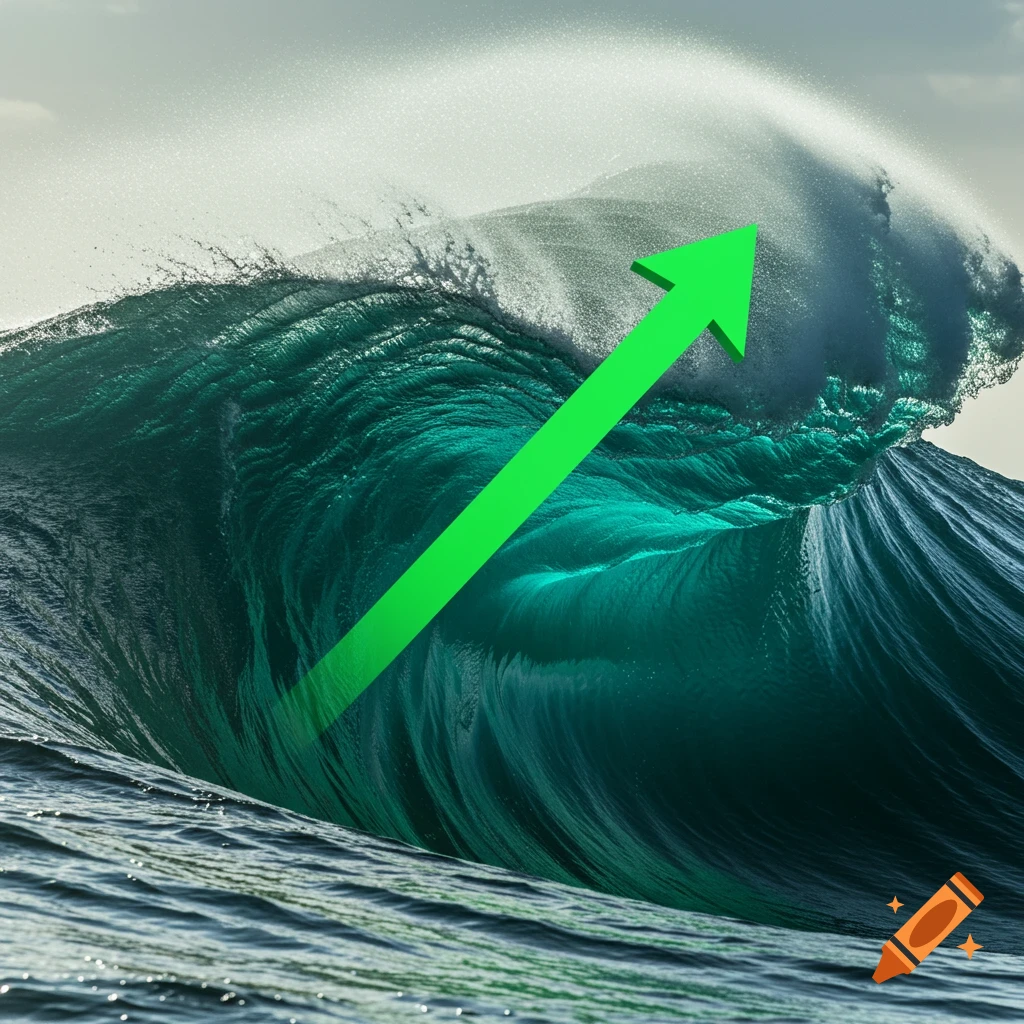 Large wave with a green arrow pointing upwards
