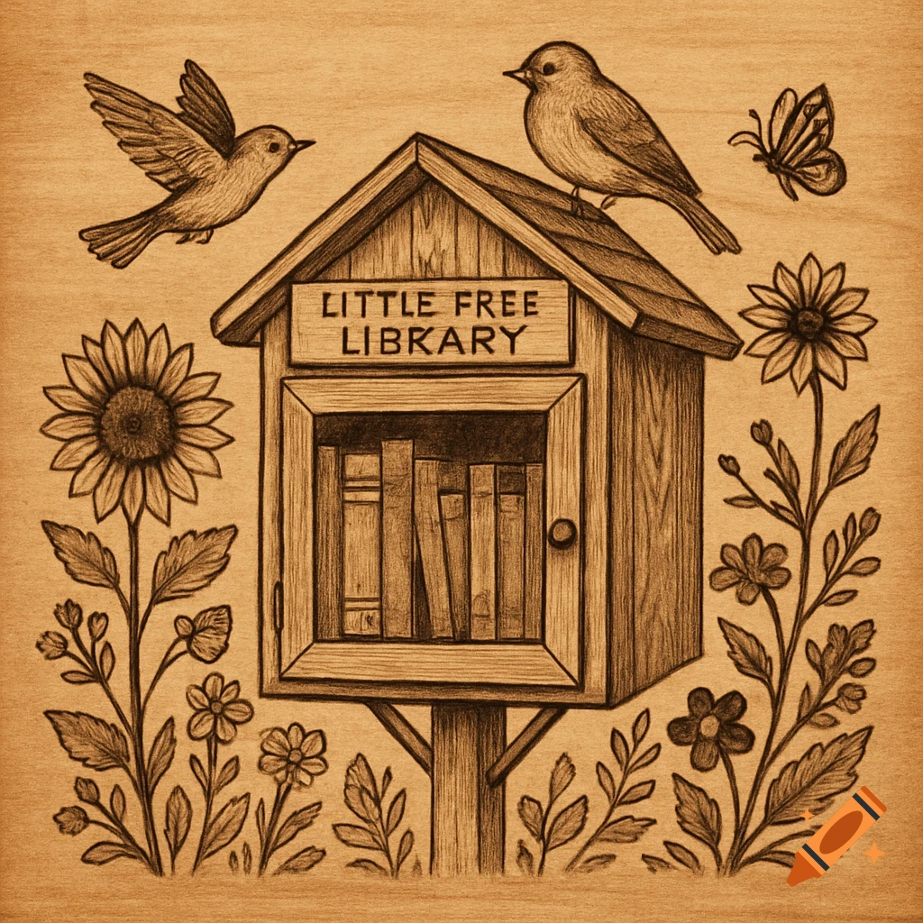Wood-burned illustration of a little free library with birds, flowers, and a butterfly.