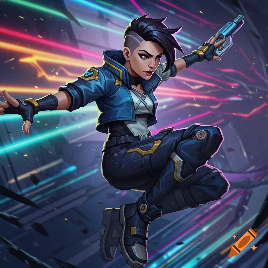 Stylized illustration of a woman mid-jump with a gun against a neon background