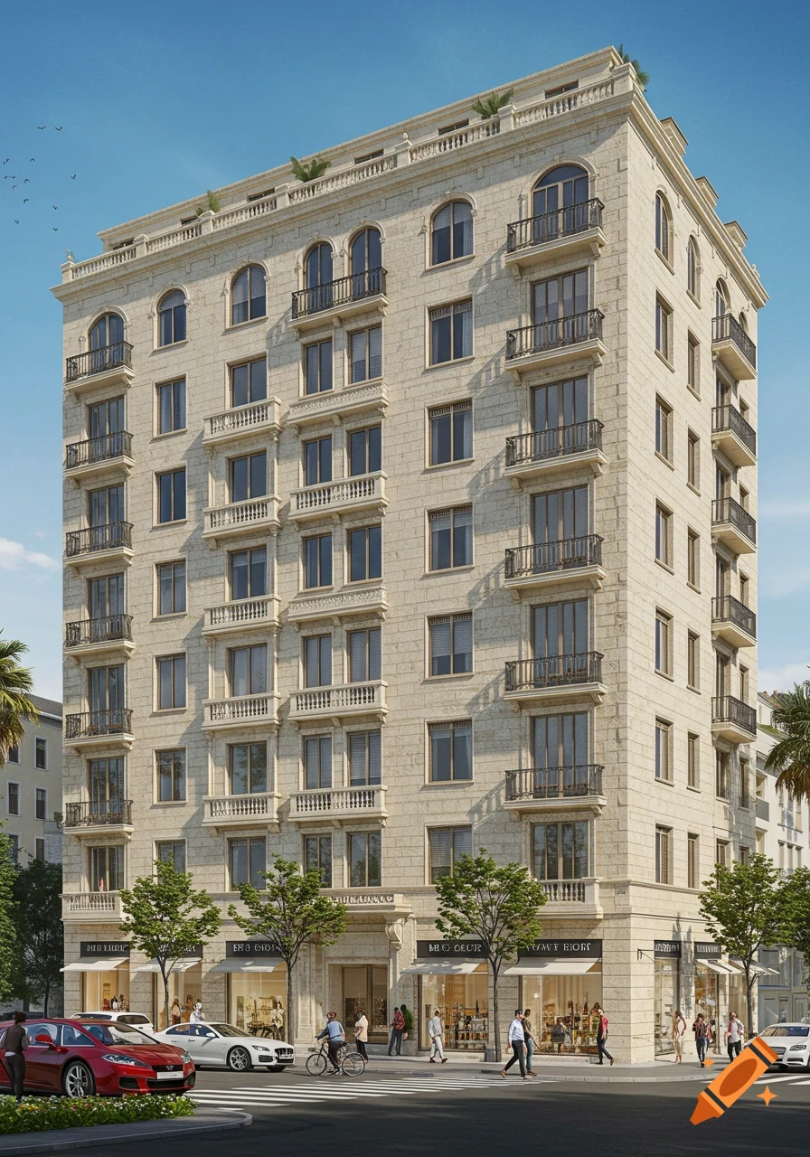 Photorealistic rendering of a Mediterranean Italian style apartment building with retail space on ground floors.