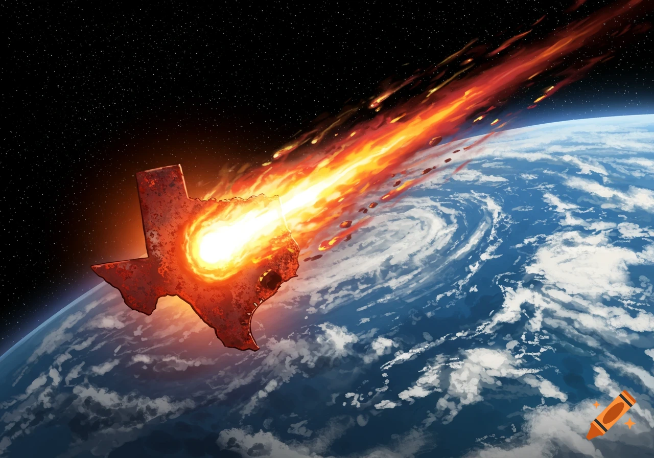 Texas-shaped meteor burning as it approaches Earth in space.