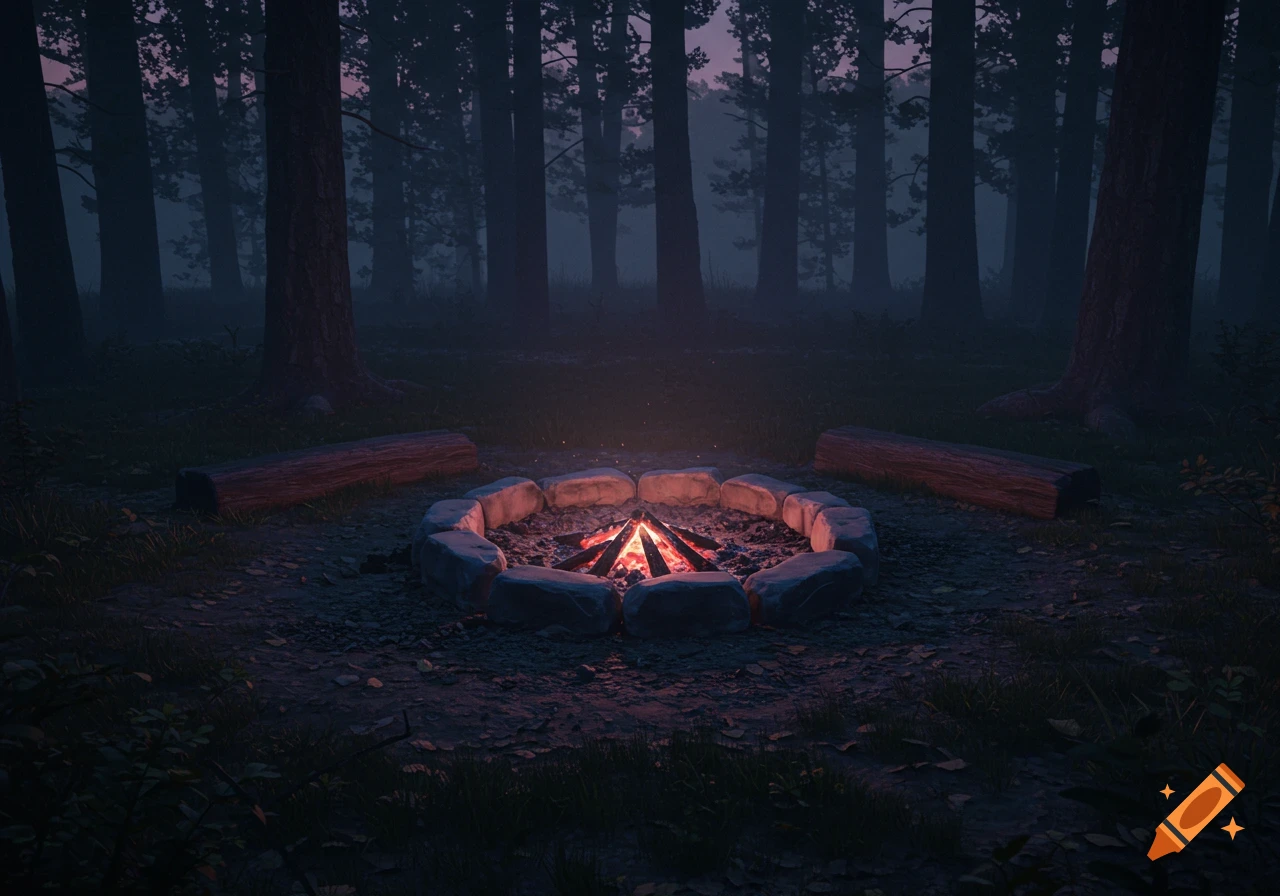 A campfire burning in a stone ring in a misty forest at night, with logs around it.