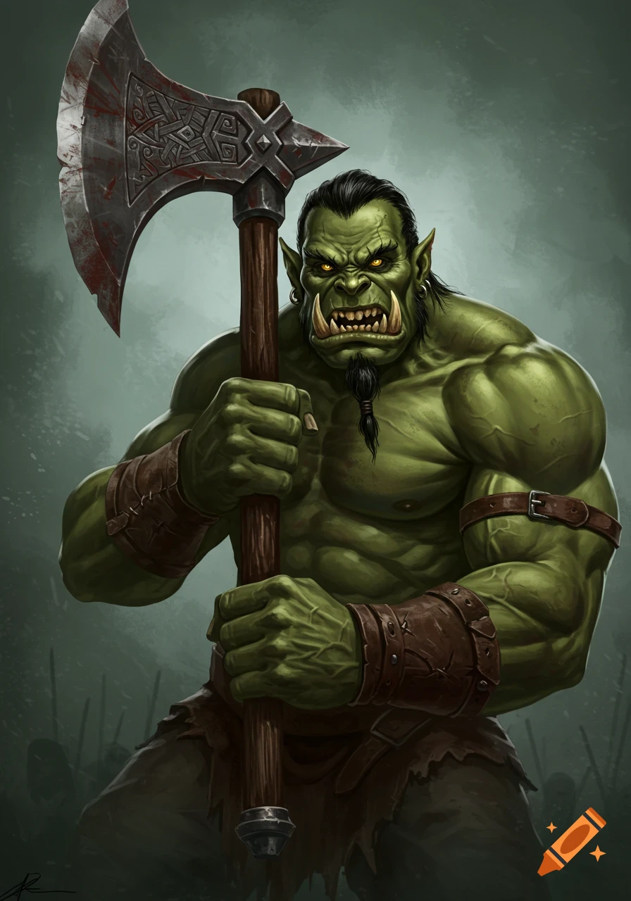 Illustration of a menacing green orc holding a bloodstained battleaxe.