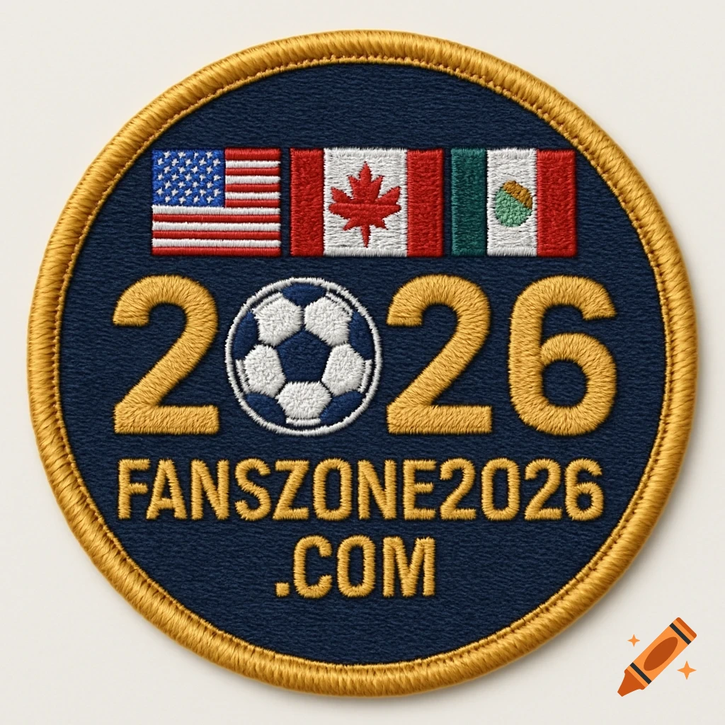 Circular embroidered patch with US, Canada, Mexico flags, soccer ball, '2026', and 'FANSZONE2026.COM'.