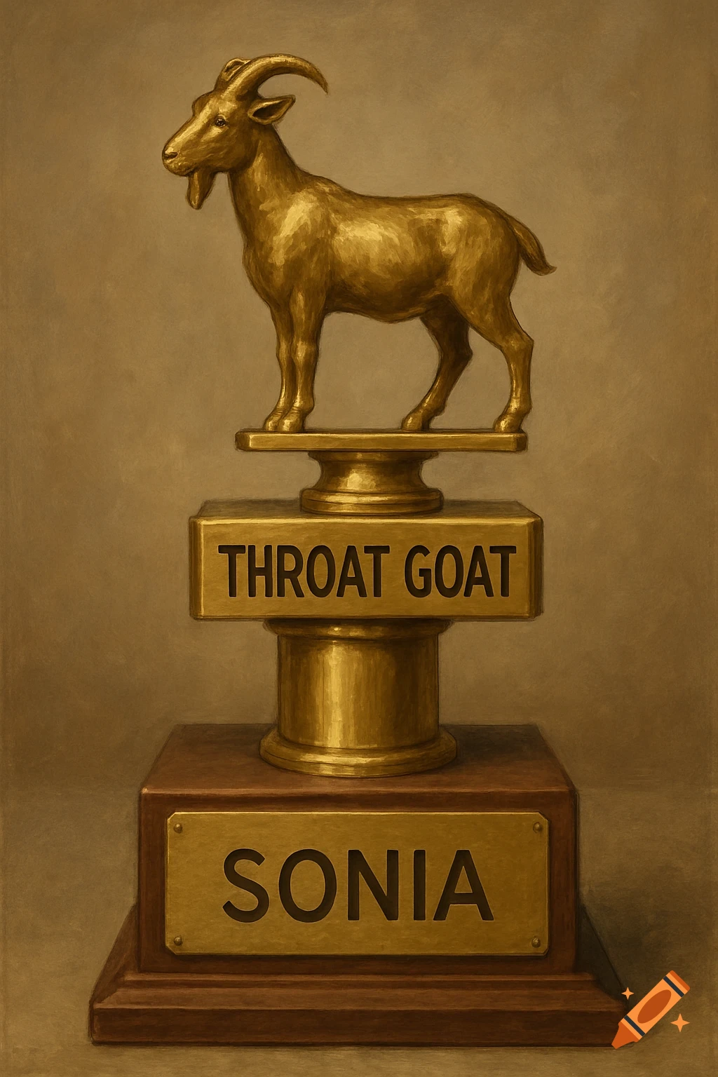 A painted golden trophy with a goat on top, labeled "THROAT GOAT" and "SONIA".