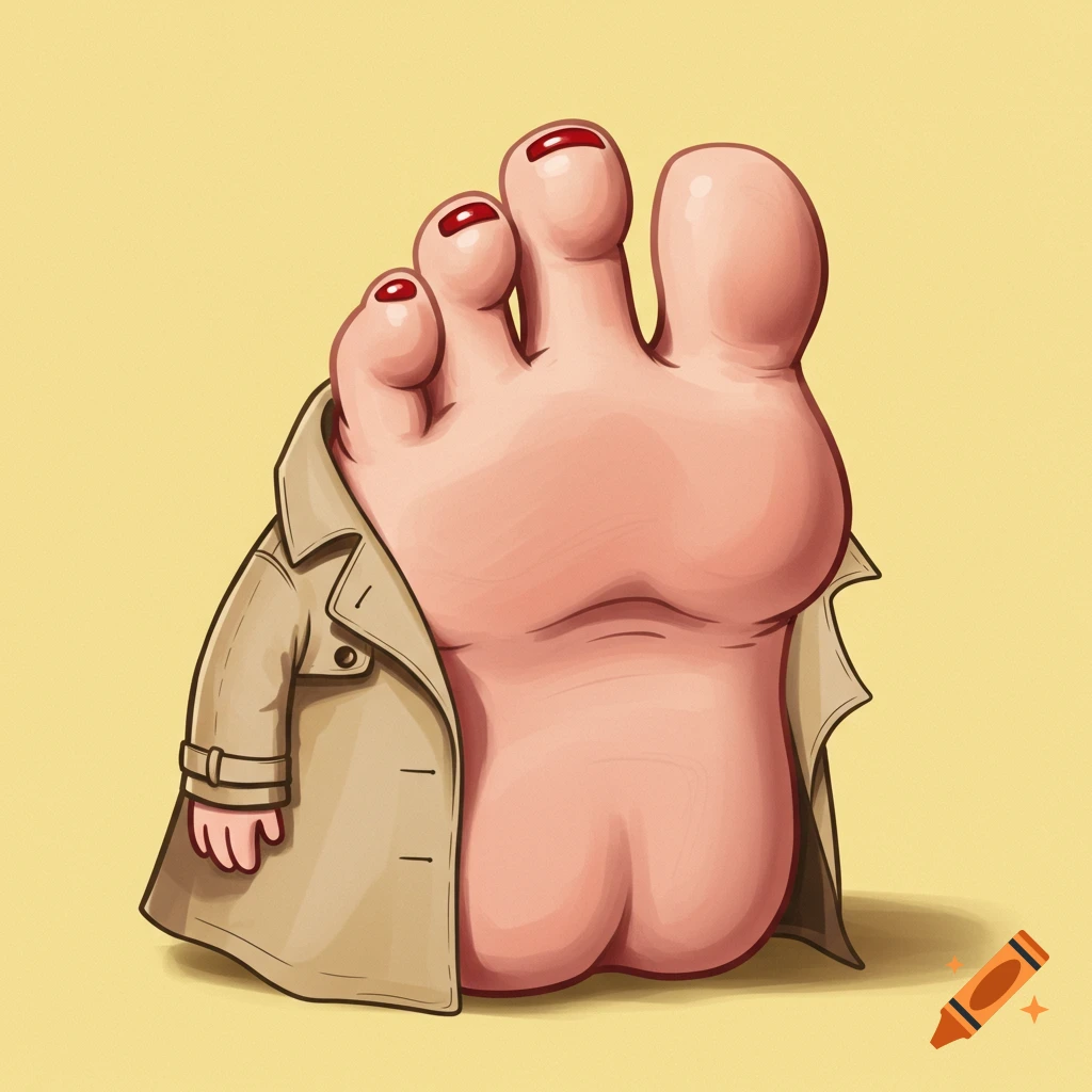 Cartoon illustration of a large human foot with red toenails wearing a beige trench coat