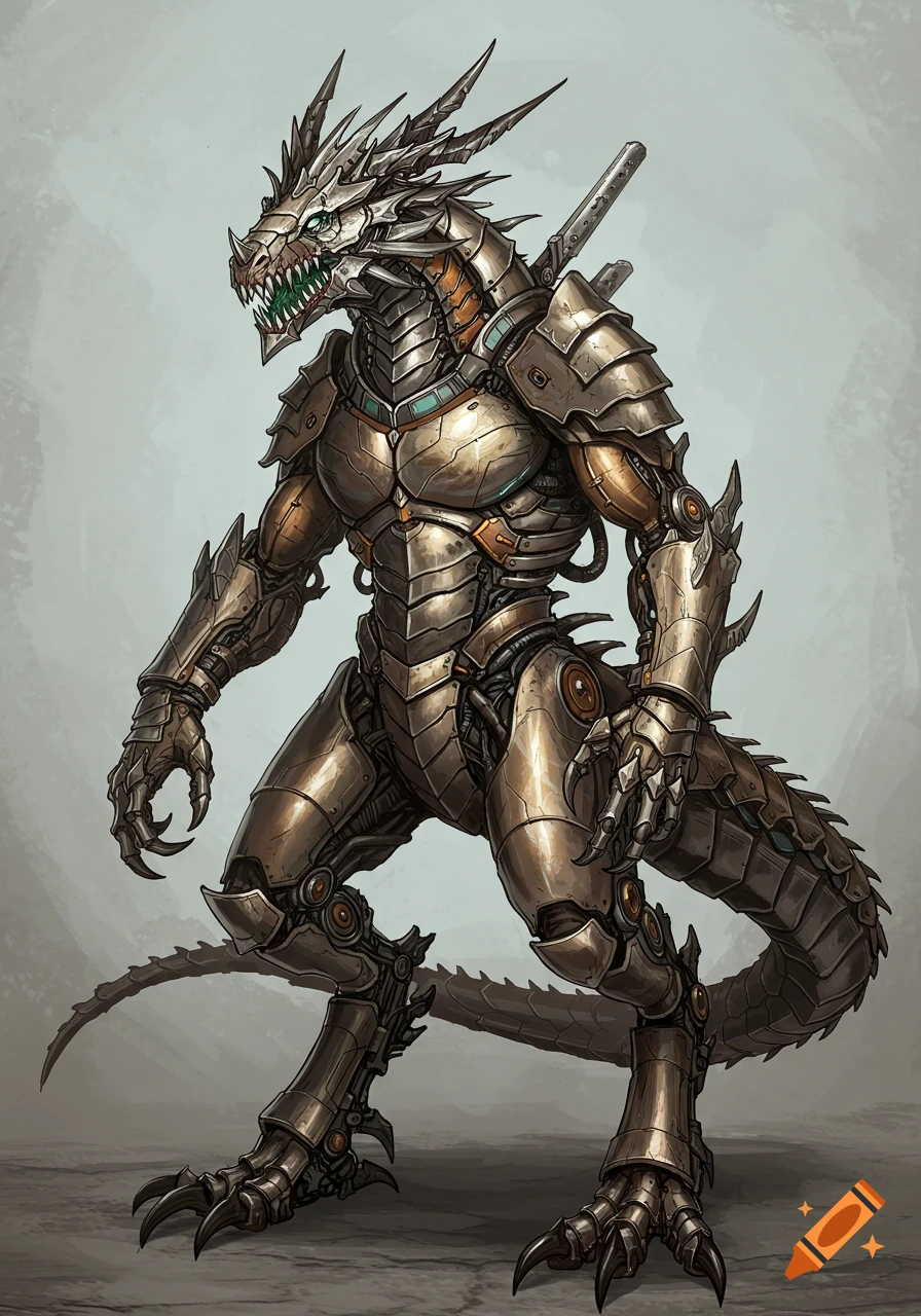 Illustration of a robotic dragon creature standing.