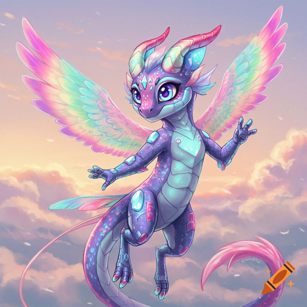 Cute, purple and rainbow-winged dragon flying through a cloudy sky.