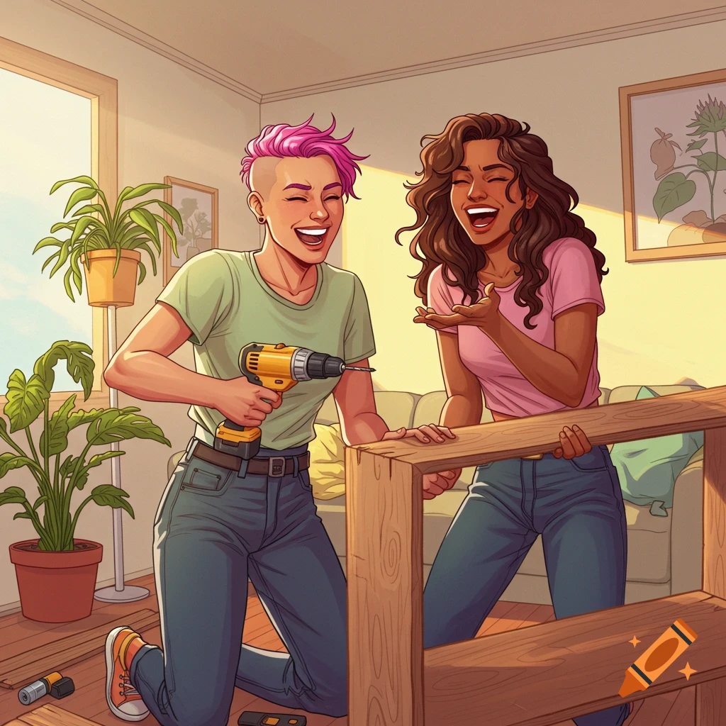 Illustration of two women laughing while building furniture.