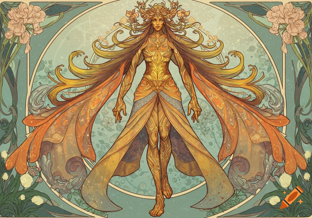 Art Nouveau style depiction of a golden fantasy figure with flowing hair and wings, surrounded by floral elements.