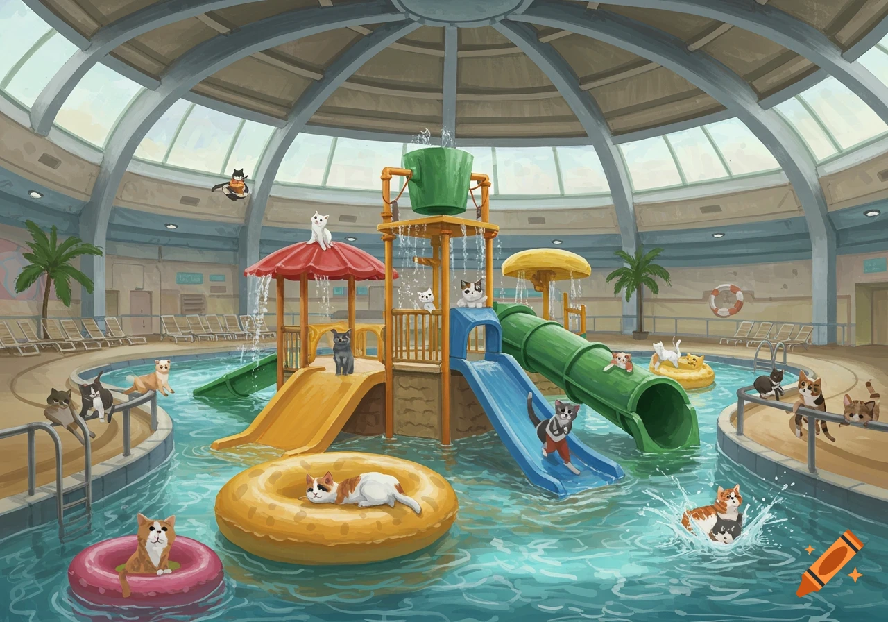Illustrated scene of many cats playing in an indoor waterpark with slides and pools.