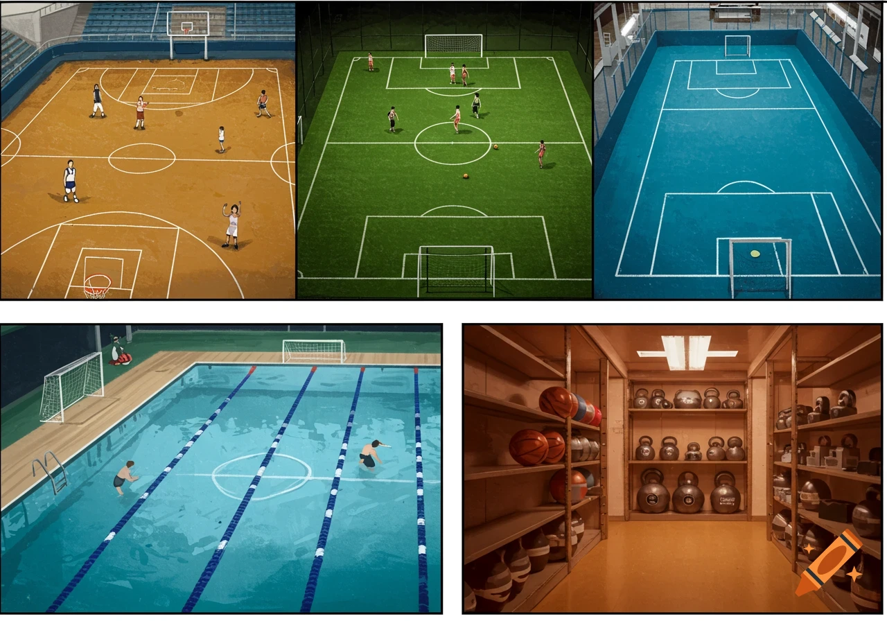 A collage of five panels showing different indoor sports facilities: a basketball court, a soccer field, a blue indoor court with soccer goals, a swimming pool, and a weight room filled with weights on shelves.