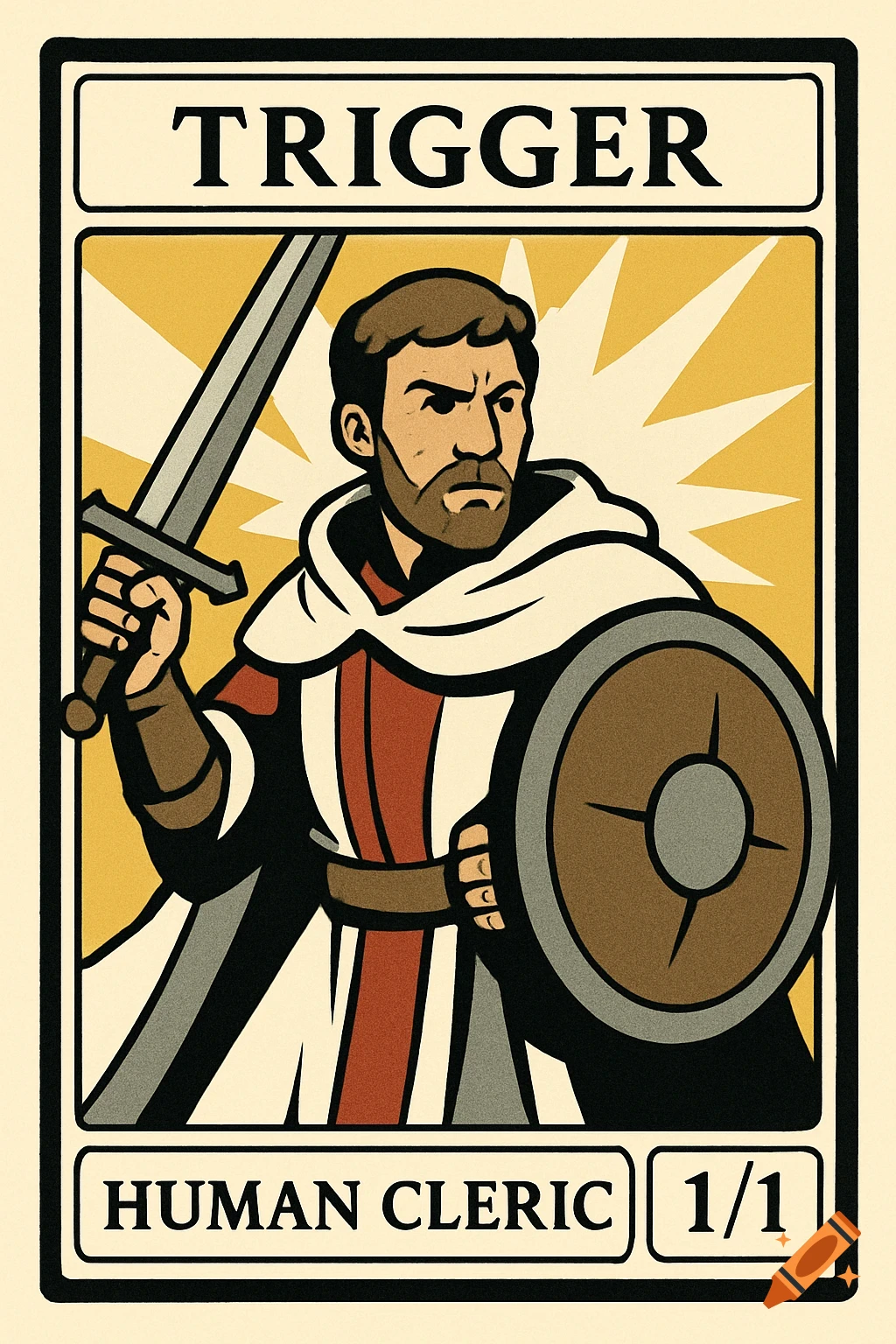 A stylized trading card featuring a human cleric with a sword and shield.