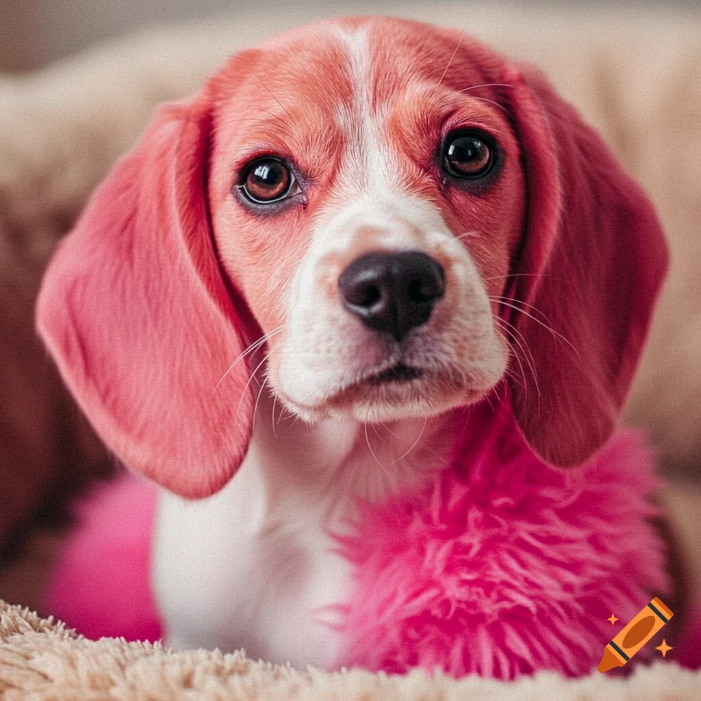 Close-up photo of a pink and white beagle puppy looking at the camera.