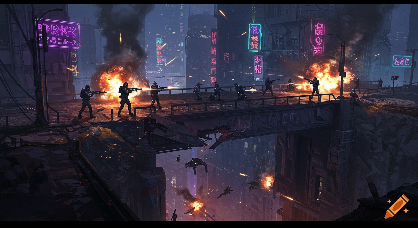 Futuristic soldiers battle on a bridge in a neon-lit, ruined city during an urban war.
