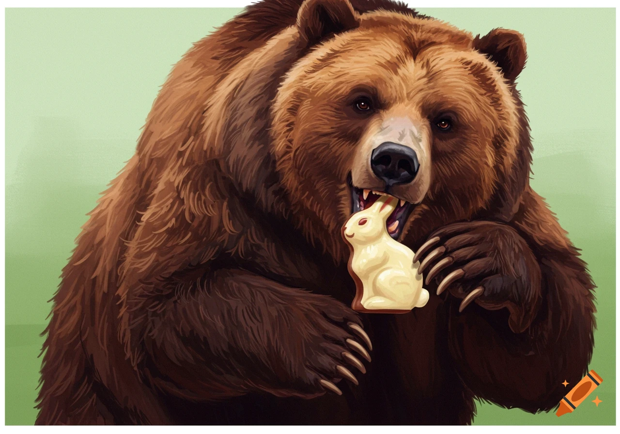 A brown bear biting a white chocolate rabbit.