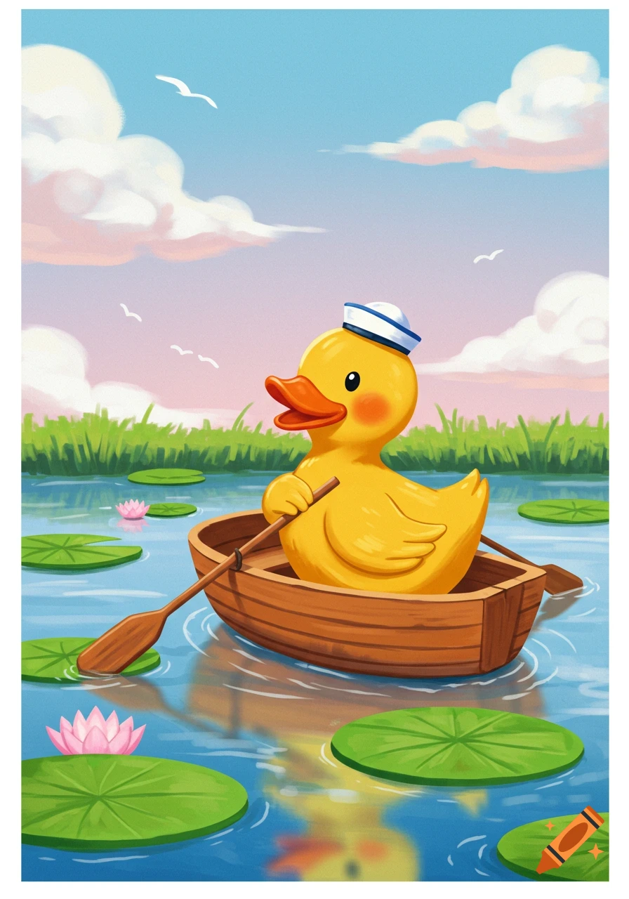 A cartoon duck in a sailor hat rows a boat on a pond with lily pads under a cloudy sky, illustration.