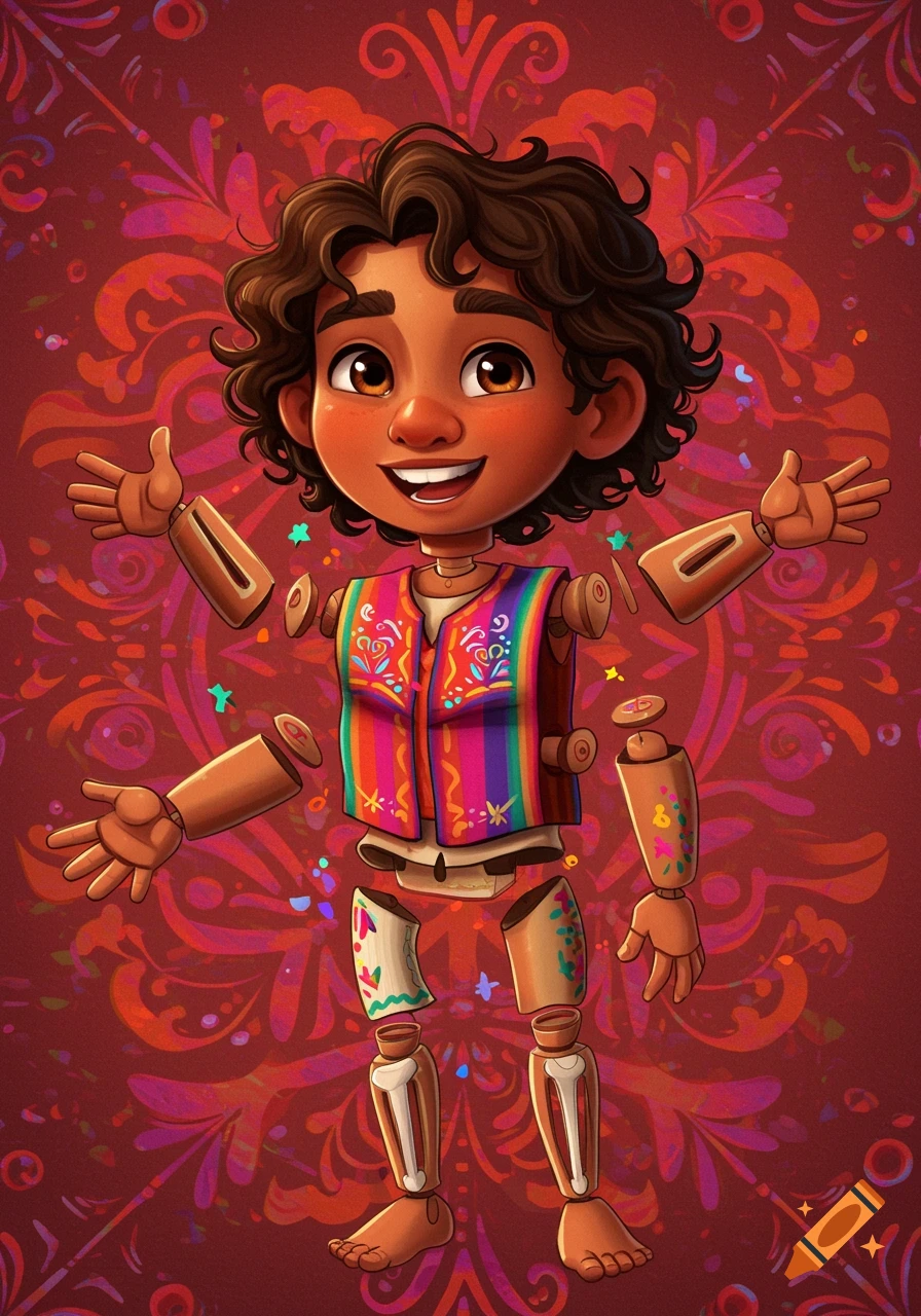 Cartoon puppet of a Mexican kid with detachable limbs and a colorful vest against a patterned background.